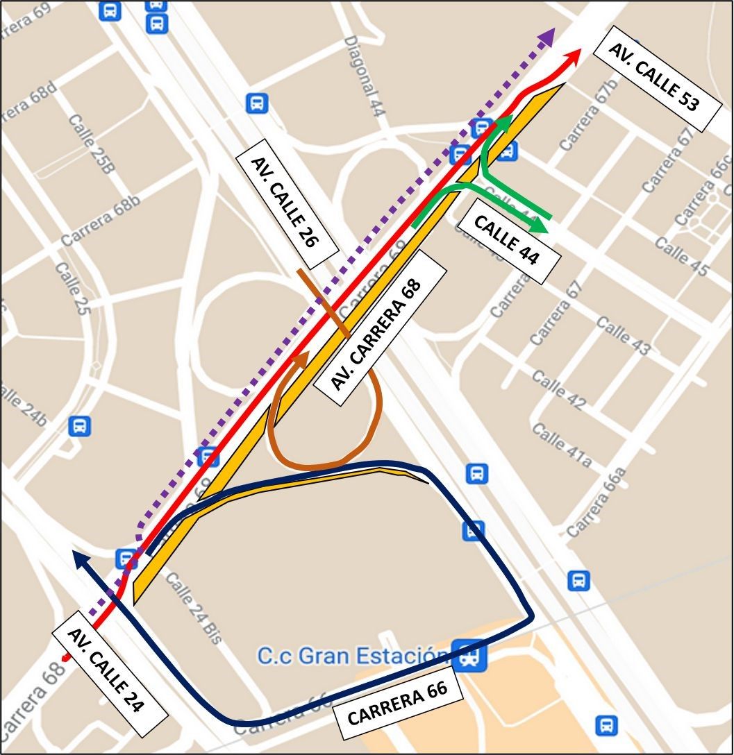 Cierre de la calzada oriental de la Av. Carrera 68 entre Calles 24 y 46