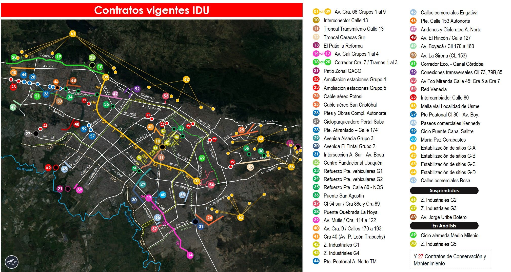 Mapa con contratos vigentes del IDU 