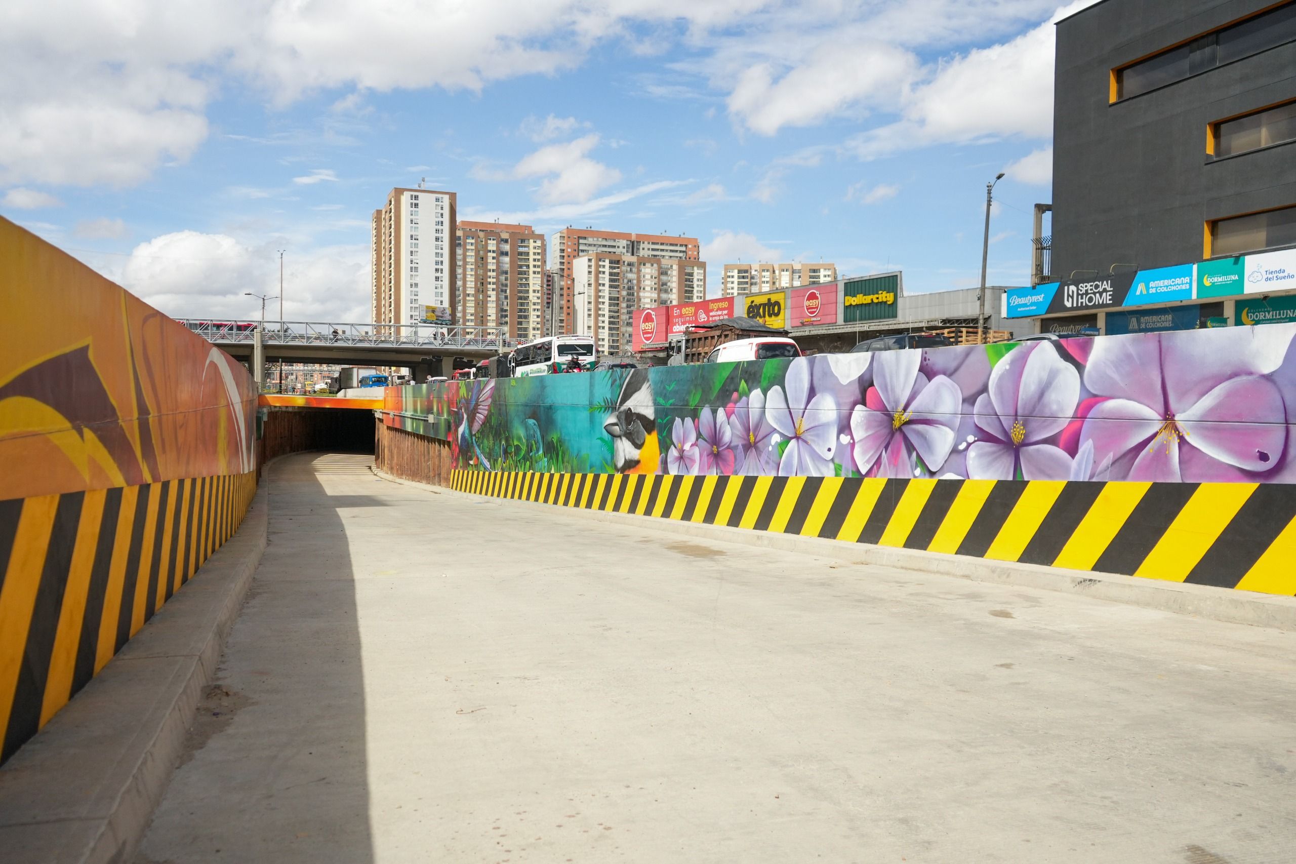 Rampa de acceso al paso deprimido bordeada por un mural con flores lilas y la zona comercial de fondo.